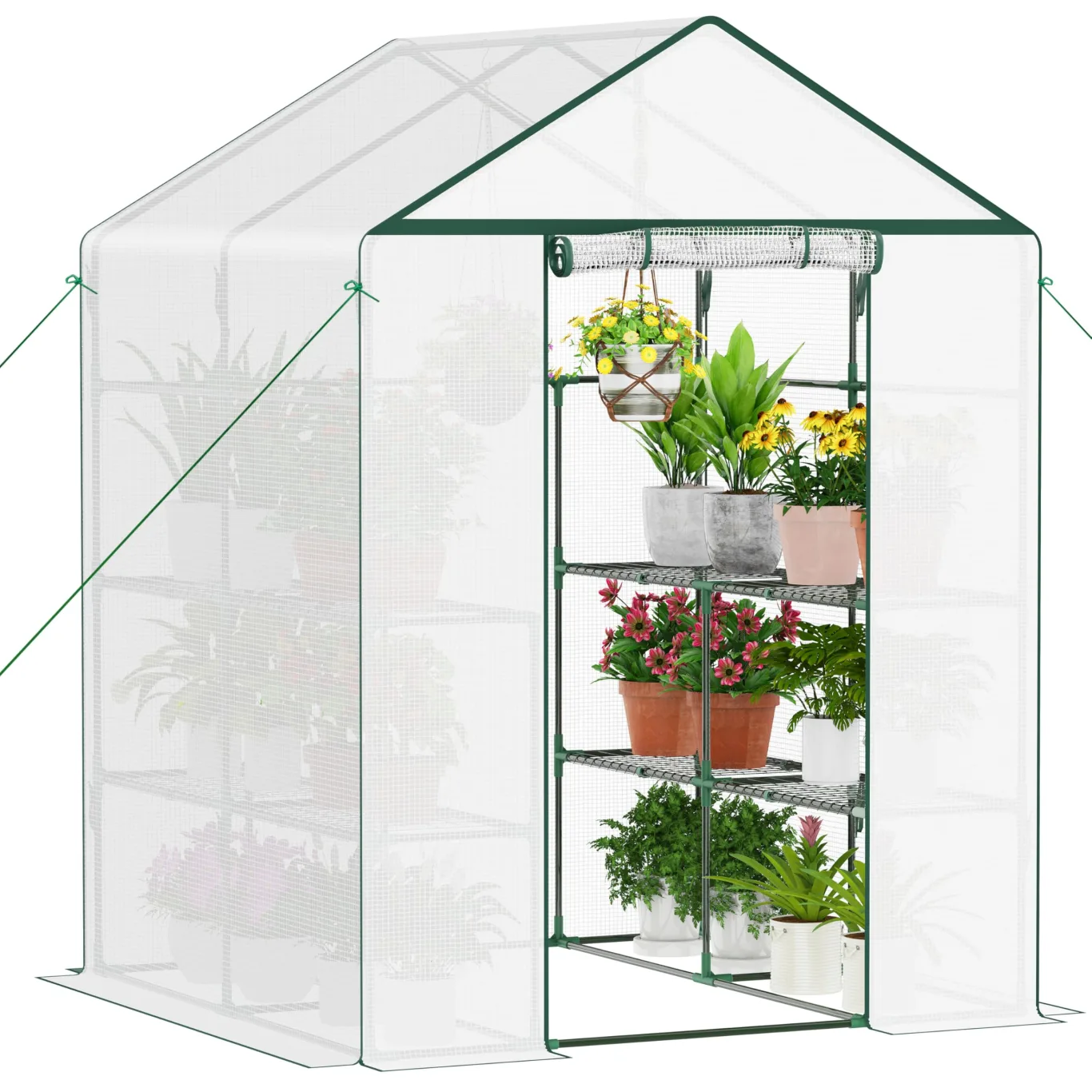 Ribelli Foliengewächshaus, Gewächshaus mit Aufrollbarer Tür, Tomatengewächshaus 143x195x143 cm, 4 Regale Treibhaus, Winterfest PE-Gitterfolie, Gartenhaus für Pflanzen, Gemüse, Blumen, Weiß - Bild 1
