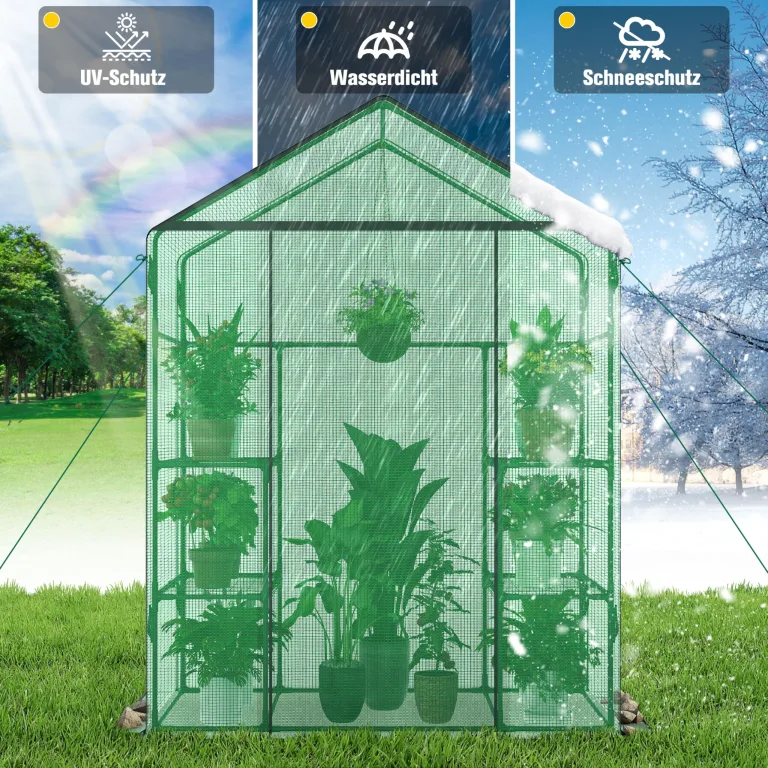 Ribelli Foliengewächshaus, Gewächshaus mit Aufrollbarer Tür, Tomatengewächshaus 143x195x73 cm, 4 Regale Treibhaus, Winterfest PE-Gitterfolie, Gartenhaus für Pflanzen, Gemüse, Blumen, Grün – Bild 5