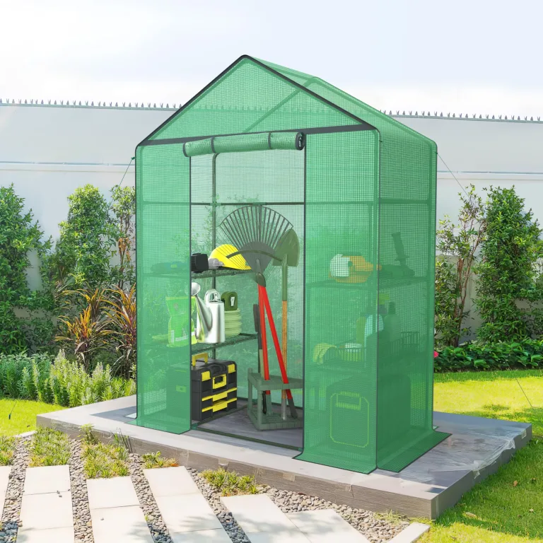 Ribelli Foliengewächshaus, Gewächshaus mit Aufrollbarer Tür, Tomatengewächshaus 143x195x73 cm, 4 Regale Treibhaus, Winterfest PE-Gitterfolie, Gartenhaus für Pflanzen, Gemüse, Blumen, Grün – Bild 7