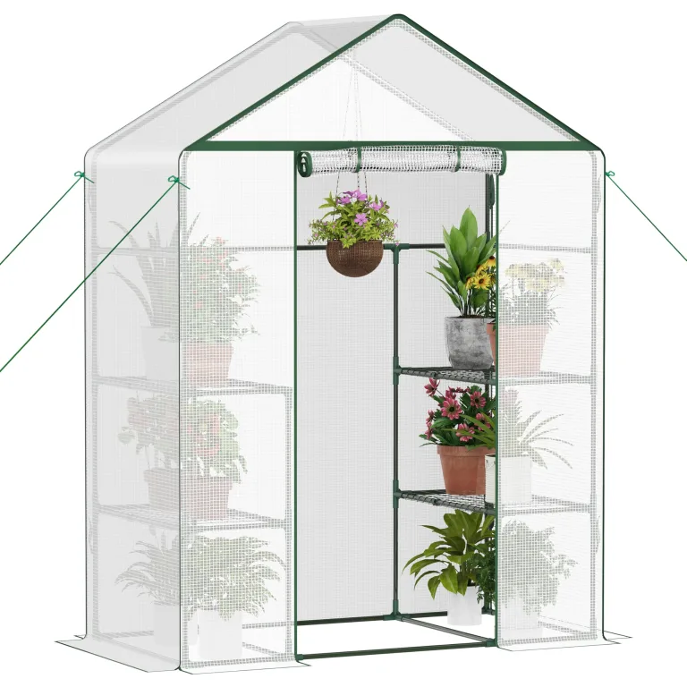Ribelli Foliengewächshaus, Gewächshaus mit Aufrollbarer Tür, Tomatengewächshaus 143x195x73 cm, 4 Regale Treibhaus, Winterfest PE-Gitterfolie, Gartenhaus für Pflanzen, Gemüse, Blumen, Grün – Bild 8