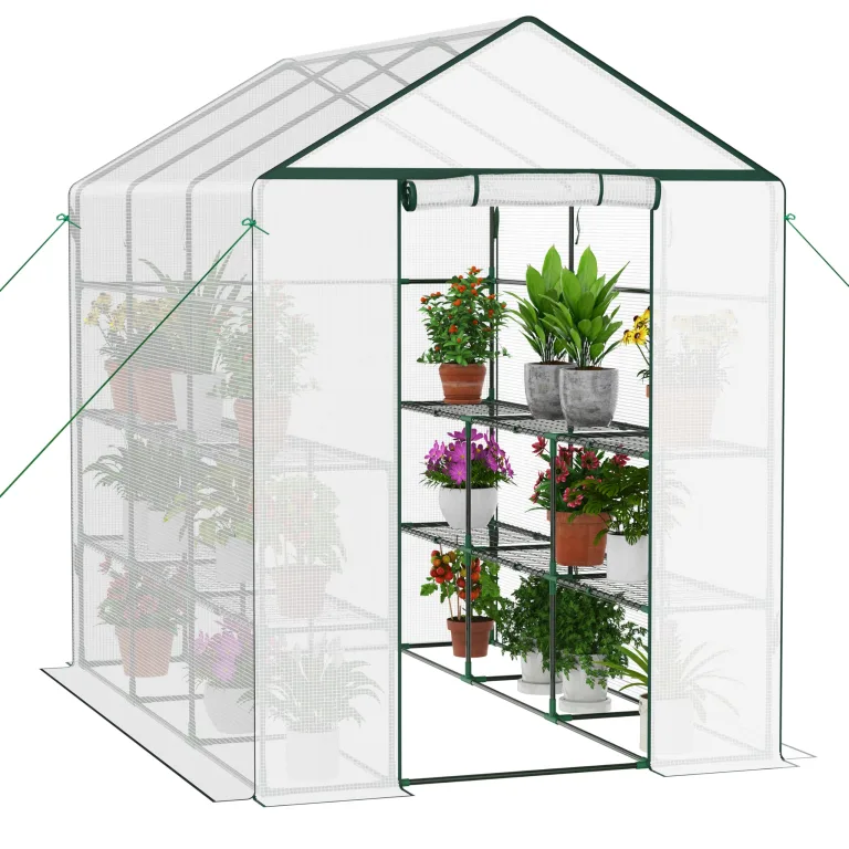 Ribelli Foliengewächshaus, Gewächshaus mit Aufrollbarer Tür, Tomatengewächshaus 143x195x73 cm, 4 Regale Treibhaus, Winterfest PE-Gitterfolie, Gartenhaus für Pflanzen, Gemüse, Blumen, Grün – Bild 10