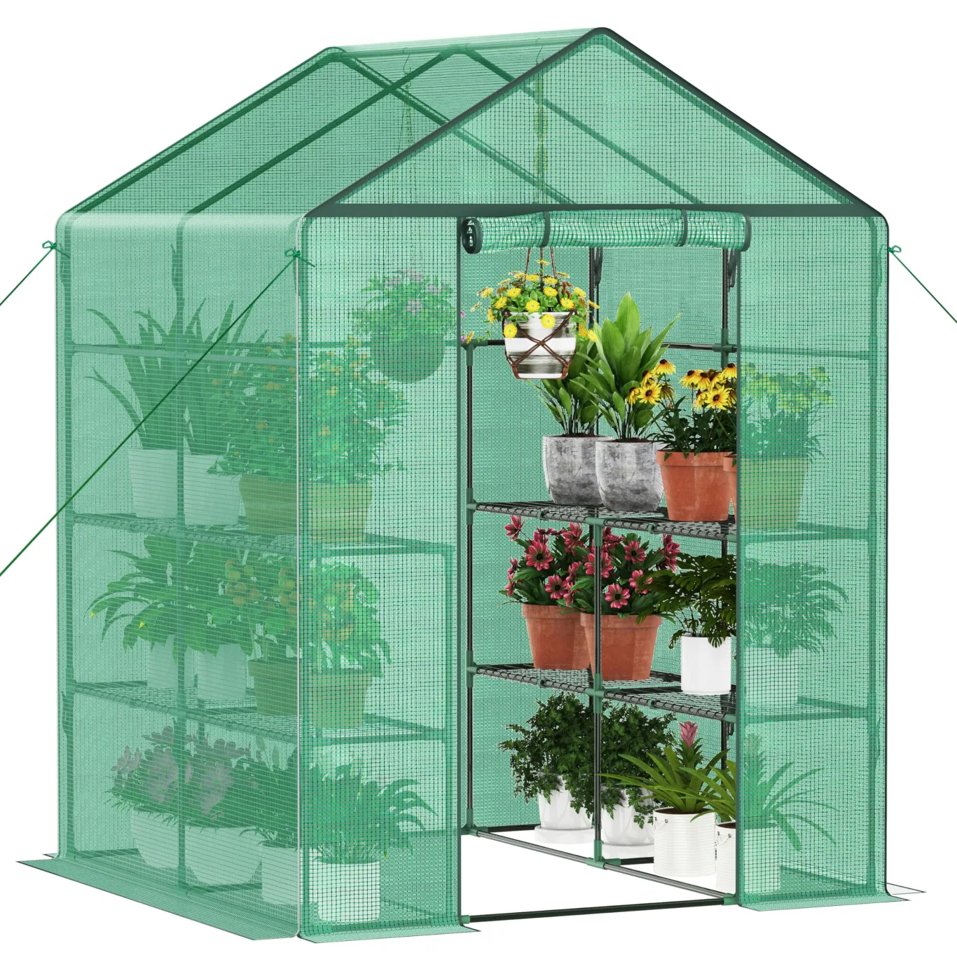 Ribelli Foliengewächshaus, Gewächshaus mit Aufrollbarer Tür, Tomatengewächshaus 143x195x143 cm, 4 Regale Treibhaus, Winterfest PE-Gitterfolie, Gartenhaus für Pflanzen, Gemüse, Blumen, Grün - Bild 1
