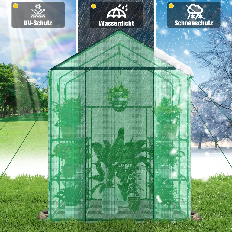Ribelli Foliengewächshaus, Gewächshaus mit Aufrollbarer Tür, Tomatengewächshaus 143x195x143 cm, 4 Regale Treibhaus, Winterfest PE-Gitterfolie, Gartenhaus für Pflanzen, Gemüse, Blumen, Grün – Bild 5