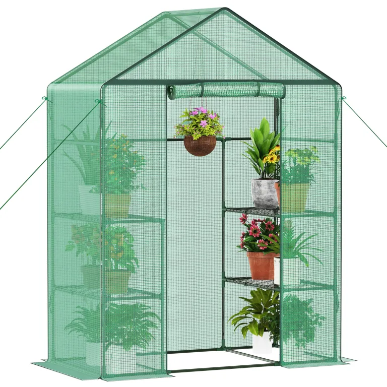 Ribelli Foliengewächshaus, Gewächshaus mit Aufrollbarer Tür, Tomatengewächshaus 143x195x143 cm, 4 Regale Treibhaus, Winterfest PE-Gitterfolie, Gartenhaus für Pflanzen, Gemüse, Blumen, Grün – Bild 8