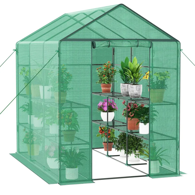 Ribelli Foliengewächshaus, Gewächshaus mit Aufrollbarer Tür, Tomatengewächshaus 143x195x143 cm, 4 Regale Treibhaus, Winterfest PE-Gitterfolie, Gartenhaus für Pflanzen, Gemüse, Blumen, Grün – Bild 10