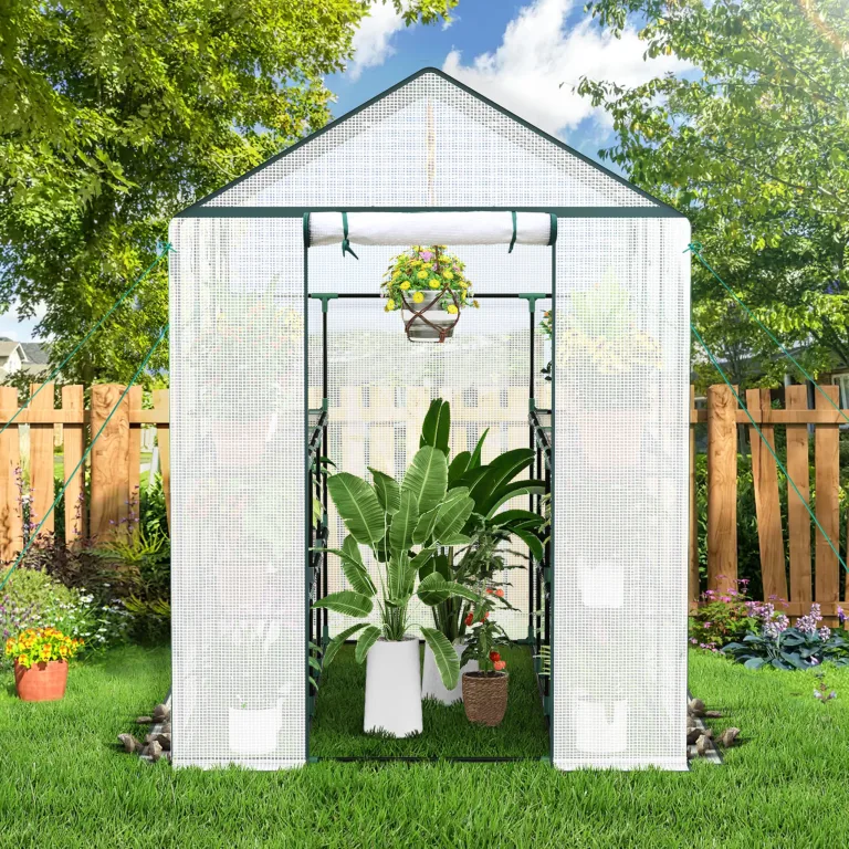 Ribelli Foliengewächshaus, Gewächshaus mit Aufrollbarer Tür, Tomatengewächshaus 143x195x213 cm, 4 Regale Treibhaus, Winterfest PE-Gitterfolie, Gartenhaus für Pflanzen, Gemüse, Blumen, Weiß – Bild 2
