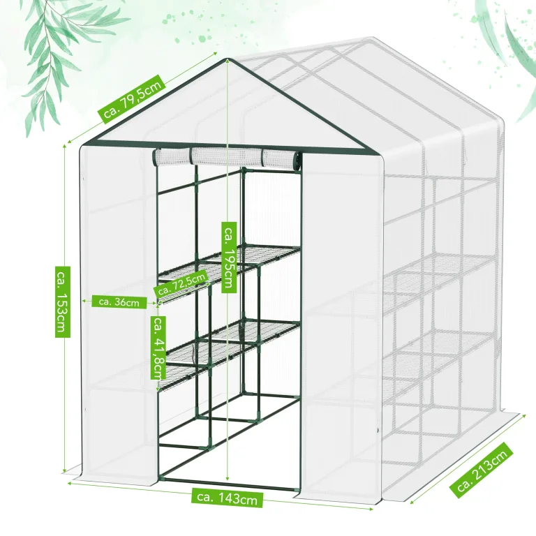 Ribelli Foliengewächshaus, Gewächshaus mit Aufrollbarer Tür, Tomatengewächshaus 143x195x213 cm, 4 Regale Treibhaus, Winterfest PE-Gitterfolie, Gartenhaus für Pflanzen, Gemüse, Blumen, Weiß – Bild 6