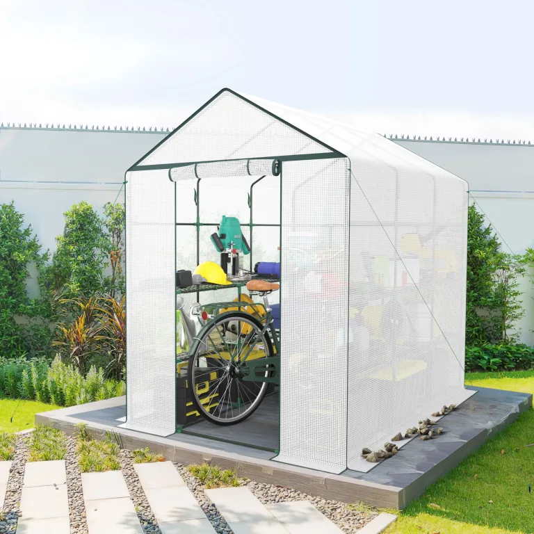 Ribelli Foliengewächshaus, Gewächshaus mit Aufrollbarer Tür, Tomatengewächshaus 143x195x213 cm, 4 Regale Treibhaus, Winterfest PE-Gitterfolie, Gartenhaus für Pflanzen, Gemüse, Blumen, Weiß – Bild 7
