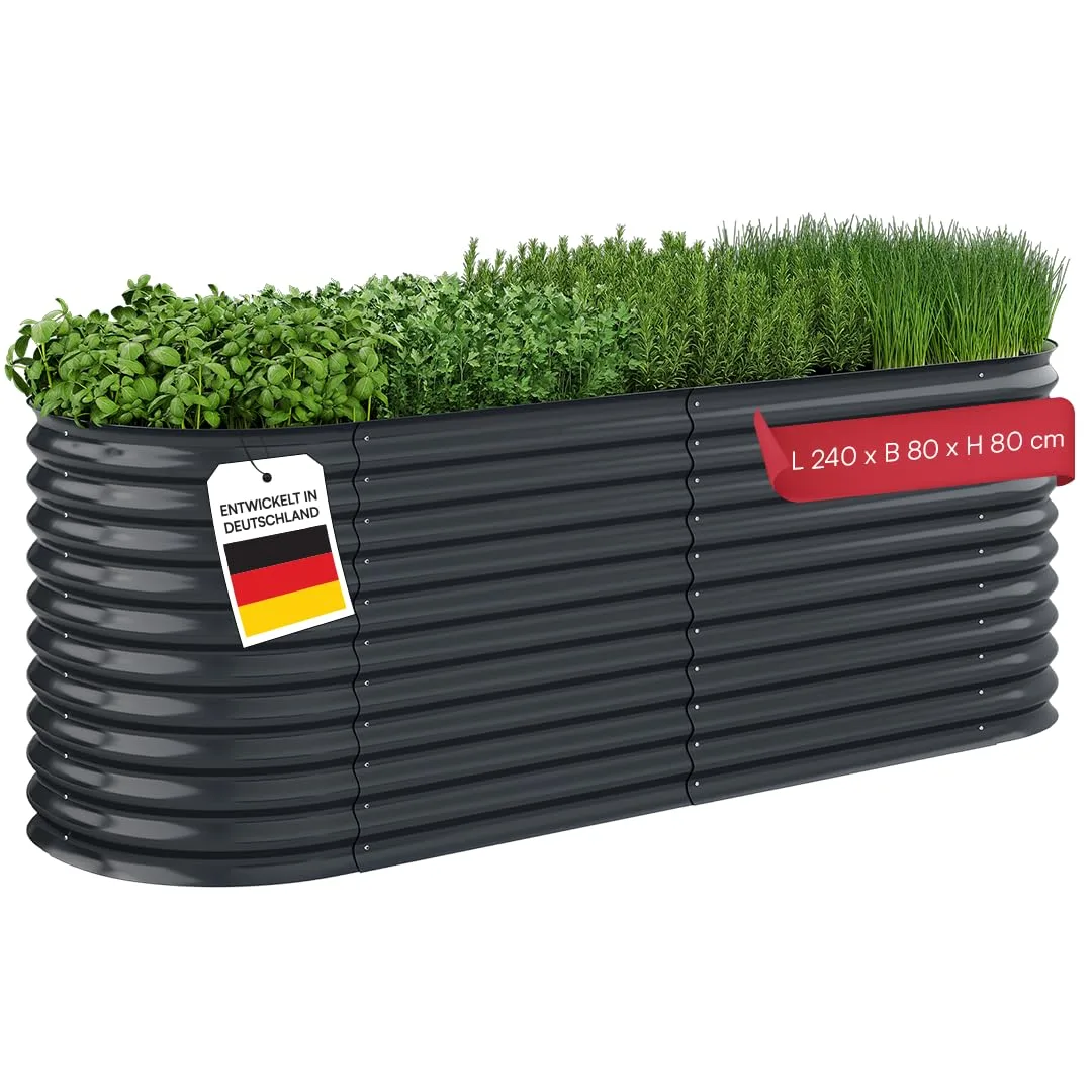 STEELSØN Hydra Hochbeet Metall – ovaler Pflanzenkasten 240x80x80 cm – Gemüsebeet Anthrazit – Beet für Garten & Balkon – Pflanzenbeet aus verzinktem Stahl – Kräuterbeet – Gartenbeet mit Kantenschutz - Bild 1