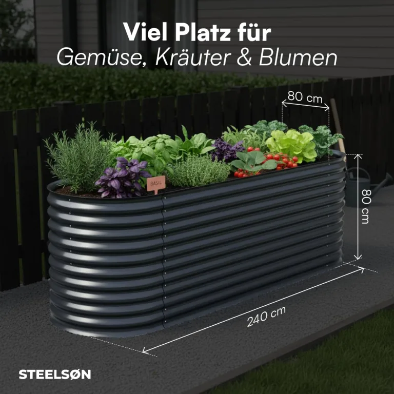 STEELSØN Hydra Hochbeet Metall – ovaler Pflanzenkasten 240x80x80 cm – Gemüsebeet Anthrazit – Beet für Garten & Balkon – Pflanzenbeet aus verzinktem Stahl – Kräuterbeet – Gartenbeet mit Kantenschutz – Bild 8