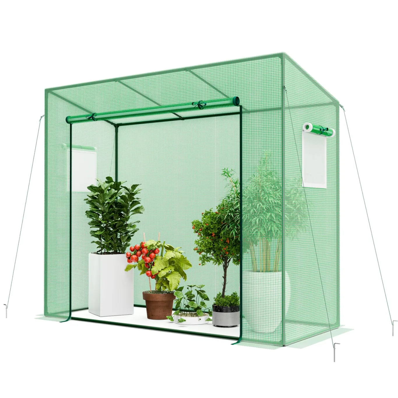 GOPLUS Foliengewächshaus 200 x 77 x 169 cm, begehbares Tomatenhaus mit Rolltür & 2 Fenstern, Gewächshaus mit Schrägdach & PE-Gitternetz, Tomatengewächshaus Treibhaus, Anlehngewächshaus - Bild 1