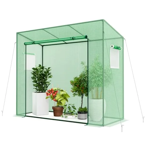 GOPLUS Foliengewächshaus 200 x 77 x 169 cm, begehbares Tomatenhaus mit Rolltür & 2 Fenstern, Gewächshaus mit Schrägdach & PE-Gitternetz, Tomatengewächshaus Treibhaus, Anlehngewächshaus – Bild 9