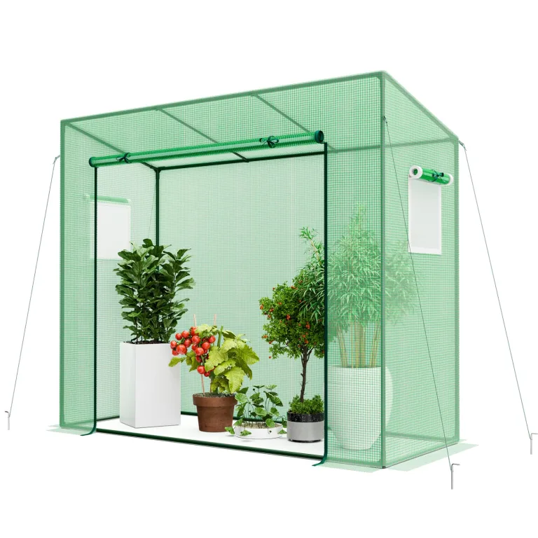 GOPLUS Foliengewächshaus 200 x 77 x 169 cm, begehbares Tomatenhaus mit Rolltür & 2 Fenstern, Gewächshaus mit Schrägdach & PE-Gitternetz, Tomatengewächshaus Treibhaus, Anlehngewächshaus – Bild 1