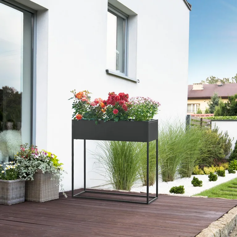 [en.casa] Blumenständer Joensuu Hochbeet Pflanzkübel Kräuterbeet Blumenkasten Pflanzkasten aus Stahl 80 x 80 x 25 cm Schwarz für drinnen und draußen – Bild 3
