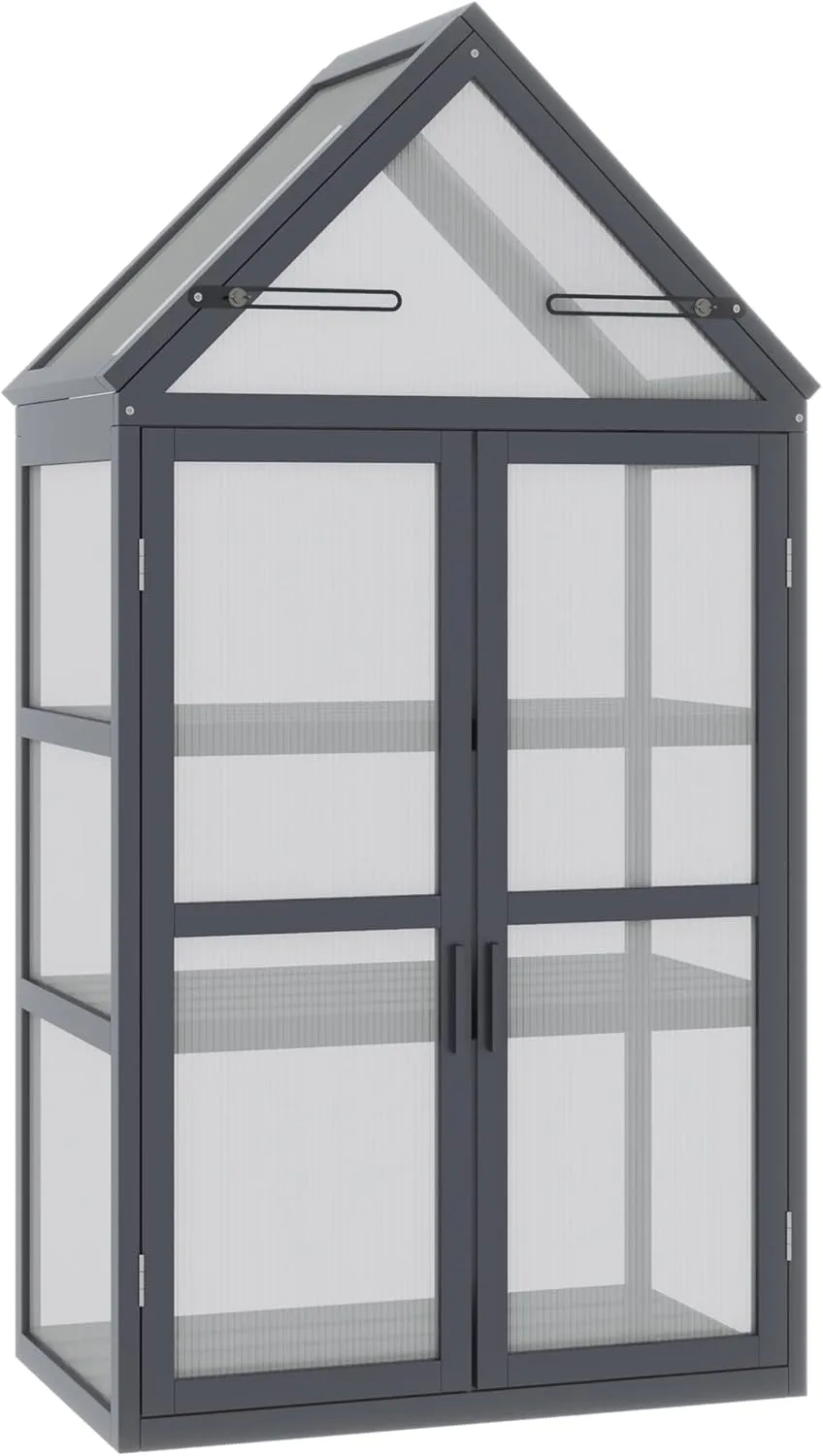 Outsunny Frühbeet Pflanzenbeet mit 3 Ebenen, aufklappbarem Dach wetterfest Mini Gewächshaus mit Doppeltüren Treibhaus aus Holz Polycarbonat Natur 70,5 x 42 x 132 cm - Bild 1