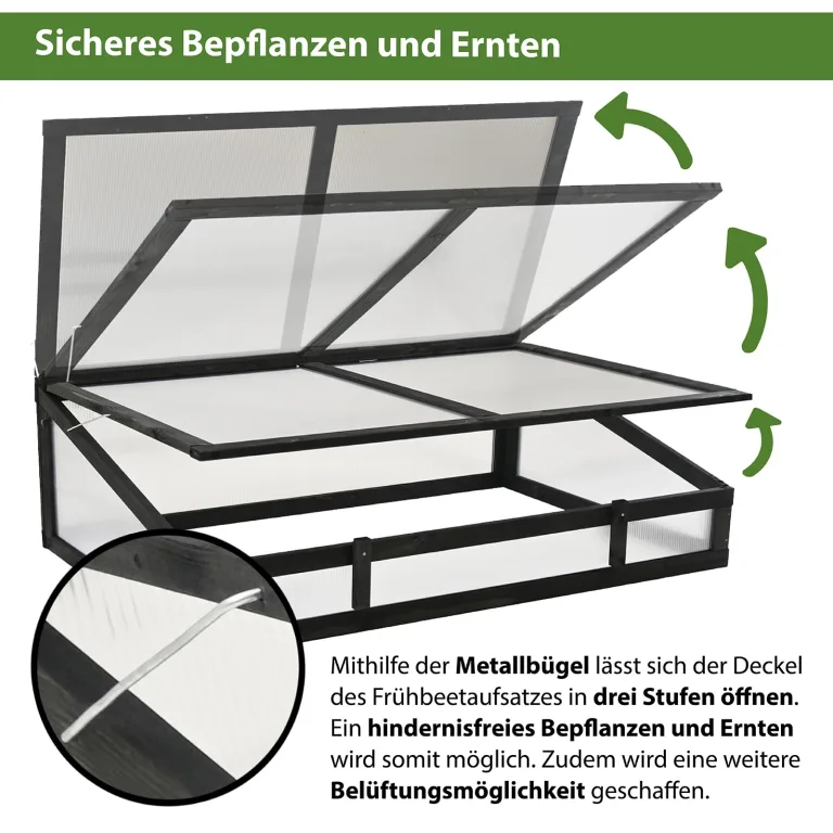 TRUTZHOLM Frühbeetaufsatz aus Massivholz 120x80x40 cm Frühbeetkasten mit verschließbarem Deckel Gewächshaus für Hochbeet 120x80 cm Beete Mini Gewächshaus Pflanzkasten (Schwarz) – Bild 5