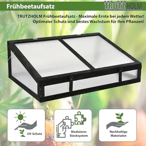 TRUTZHOLM Frühbeetaufsatz aus Massivholz 120x80x40 cm Frühbeetkasten mit verschließbarem Deckel Gewächshaus für Hochbeet 120x80 cm Beete Mini Gewächshaus Pflanzkasten (Schwarz) – Bild 10