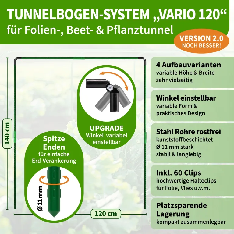 TTL GARDEN Vario 120 12xTunnelbogen System - 12er Set Folientunnel Bögen B 120 x H 140 cm zur Beetabdeckung - 4 mögliche Größen - rostfreie Stahl Tunnelbögen kunststoffbeschichtet + 60 Halteclips – Bild 2