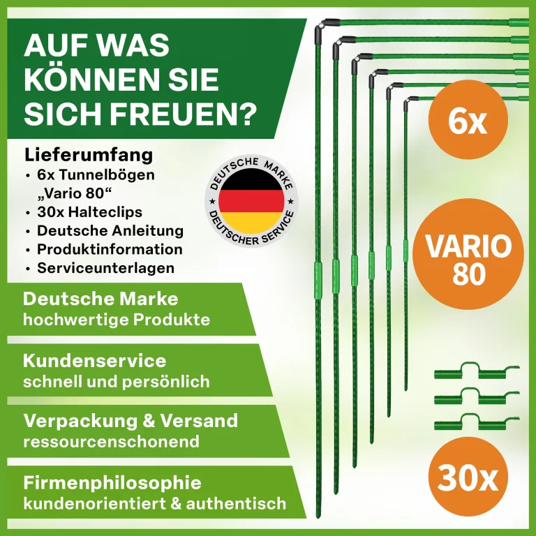 TTL GARDEN Vario 80 6xTunnelbogen System - 6er Set Folientunnel Bögen B 80 x H 100 cm zur Beetabdeckung - 4 mögliche Größen - rostfreie Stahl Tunnelbögen kunststoffbeschichtet - mit 30 Halteclips – Bild 7