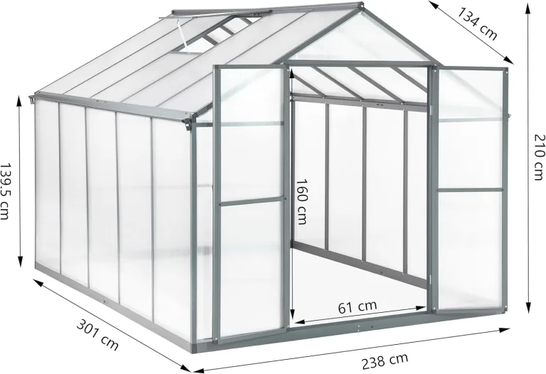 Gewächshaus Aluminium mit 302 x 238cm Fundament 4mm Platten gartengewächshäuser groß Treibhaus Winterfest Frühbeet Aufzucht 11,70m³ Doppeltür Grau – Bild 2