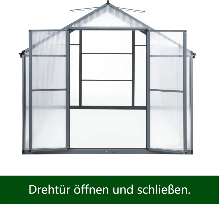 Gewächshaus Aluminium mit 302 x 238cm Fundament 4mm Platten gartengewächshäuser groß Treibhaus Winterfest Frühbeet Aufzucht 11,70m³ Doppeltür Grau – Bild 3