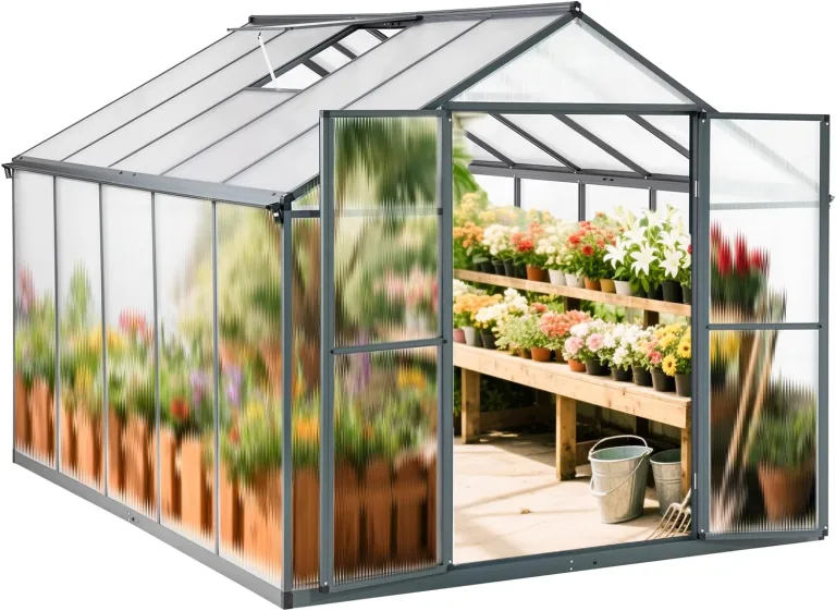 Gewächshaus Aluminium mit 302 x 238cm Fundament 4mm Platten gartengewächshäuser groß Treibhaus Winterfest Frühbeet Aufzucht 11,70m³ Doppeltür Grau – Bild 1