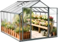 Gewächshaus Aluminium mit 302 x 238cm Fundament 4mm Platten gartengewächshäuser groß Treibhaus Winterfest Frühbeet Aufzucht 11,70m³ Doppeltür Grau - Thumbnail 1