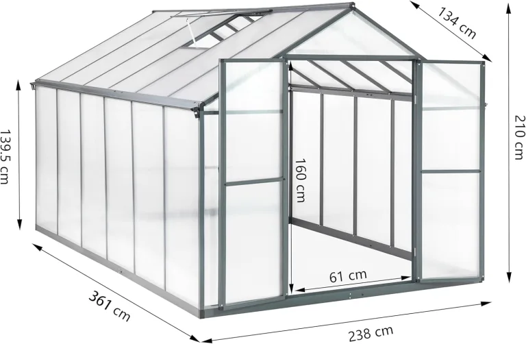 Gewächshaus Aluminium mit 362 x 238cm Fundament 4mm Platten gartengewächshäuser groß Treibhaus Winterfest Frühbeet Aufzucht 14,03m³ Doppeltür Grau – Bild 2