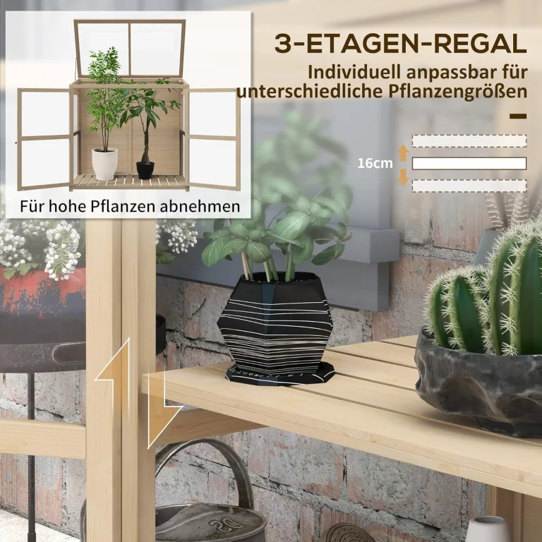 Outsunny Frühbeet aus Holz Gewächshaus 2-Stufiges Hochbeet mit Dachfenster, Doppeltür, Winddichtes Treibhaus, für Balkon, Garten, Natur, 103 x 61 x 103 cm – Bild 4