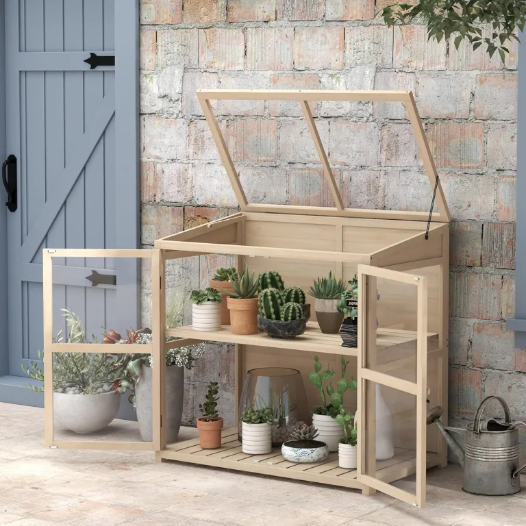 Outsunny Frühbeet aus Holz Gewächshaus 2-Stufiges Hochbeet mit Dachfenster, Doppeltür, Winddichtes Treibhaus, für Balkon, Garten, Natur, 103 x 61 x 103 cm – Bild 2