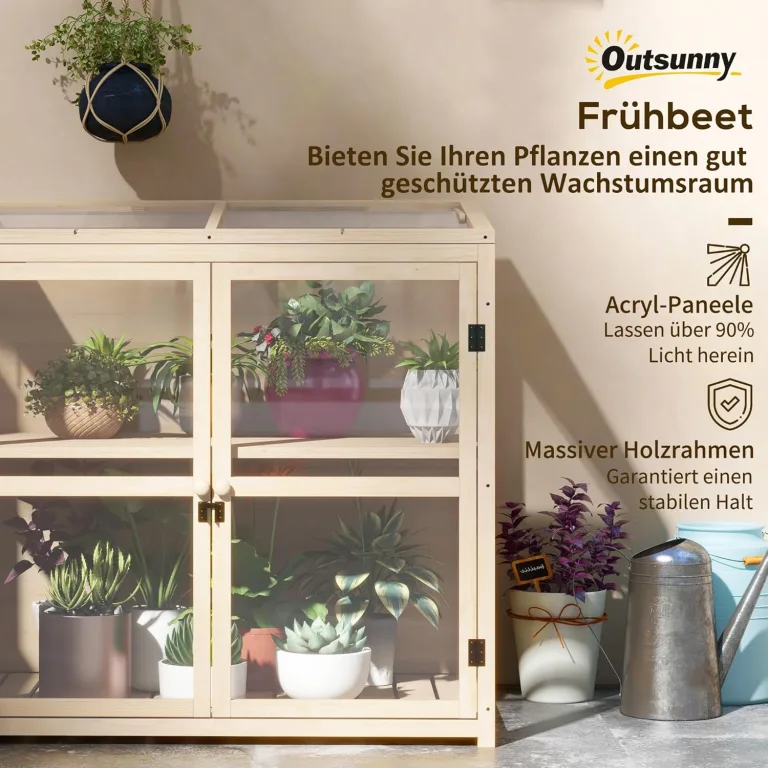Outsunny Frühbeet aus Holz Gewächshaus 2-Stufiges Hochbeet mit Dachfenster, Doppeltür, Winddichtes Treibhaus, für Balkon, Garten, Natur, 103 x 61 x 103 cm – Bild 3