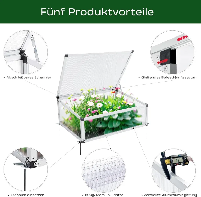 Frühbeet Alu Mini Gewächshaus Hochbeet Treibhaus UV-Schutz Pflanzbeet lichtdurchlässig Frühbeetkasten HxBxT: 77x58x30 cm Einzeldach Silbern – Bild 3