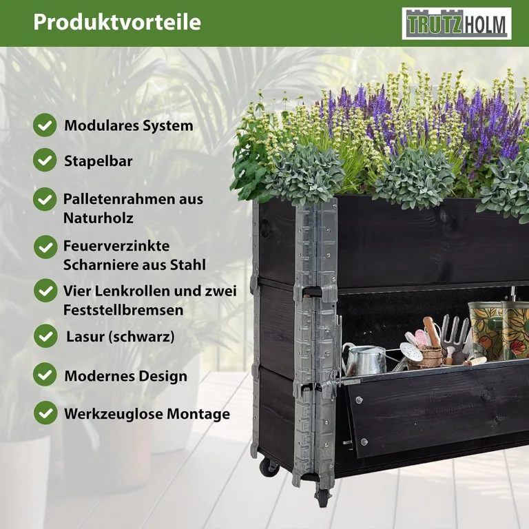 TRUTZHOLM Hochbeet aus Holz 80x30x68 cm Kräuterbeet mobiler Einsatz auf Rollen Feststellbremsen für Garten und Balkon, Kräuter oder Blumenkasten, mit Stauraum Fach, teilbar, zeitlos, flexibel – Bild 8