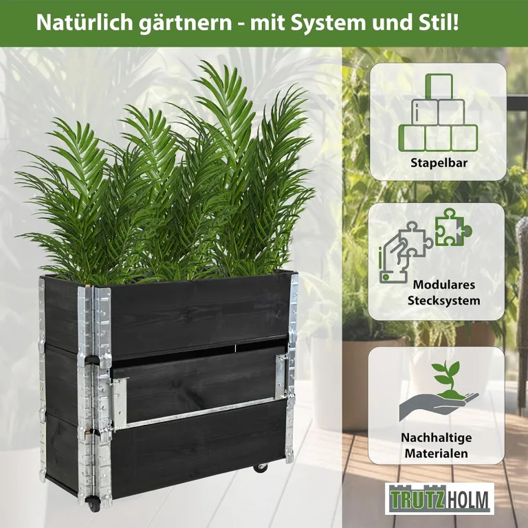 TRUTZHOLM Hochbeet aus Holz 80x30x68 cm Kräuterbeet mobiler Einsatz auf Rollen Feststellbremsen für Garten und Balkon, Kräuter oder Blumenkasten, mit Stauraum Fach, teilbar, zeitlos, flexibel – Bild 2