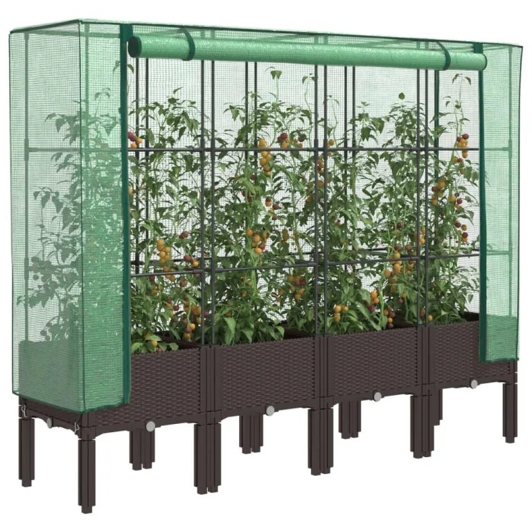 vidaXL Hochbeet mit Gewächshaus-Aufsatz, Pflanzbeet mit Eisenrohr-Rahmen, Gemüsebeet für Garten Terrasse Balkon, Pflanzkasten Frühbeet, Rattan-Optik – Bild 2