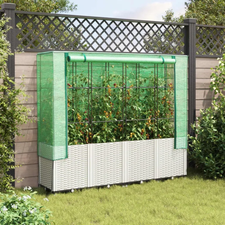 vidaXL Hochbeet mit Gewächshaus-Aufsatz, Pflanzbeet mit Eisenrohr-Rahmen, Gemüsebeet für Garten Terrasse Balkon, Pflanzkasten Frühbeet, Rattan-Optik – Bild 3