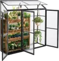 Anlehngewächshaus Tomaten Gewächshaus 180x55x190cm Aluminium Beistell-Gewächshaus, Treibhaus Gartenhaus Frühbeet mit Rückwand, Winterfest Klein, Minigewächshaus, Schwarz - Thumbnail 1