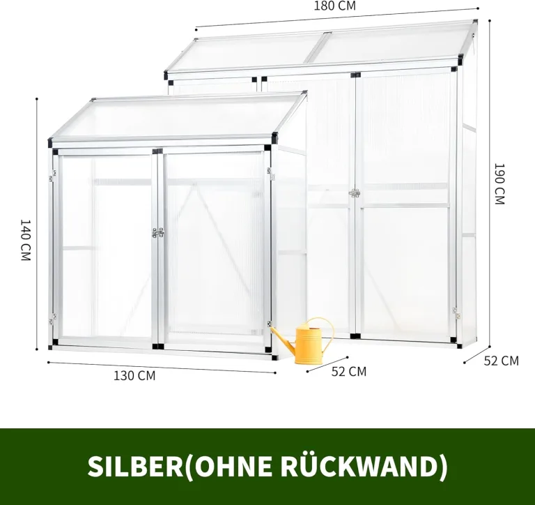 Anlehngewächshaus Tomatenhaus Gewächshaus 130x52x140cm Aluminium Beistell-Gewächshaus, Treibhaus Gartenhaus Frühbeet Ohne Rückwand, Gewächshaus Winterfest Klein, Minigewächshaus, Silber – Bild 6