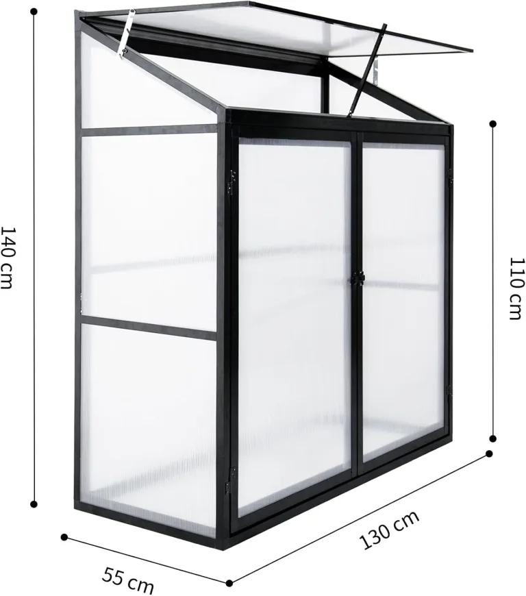 Anlehngewächshaus Tomaten Gewächshaus 130x55x140cm Aluminium Beistell-Gewächshaus, Treibhaus Gartenhaus Frühbeet mit Rückwand, Winterfest Klein, Minigewächshaus, Schwarz – Bild 7