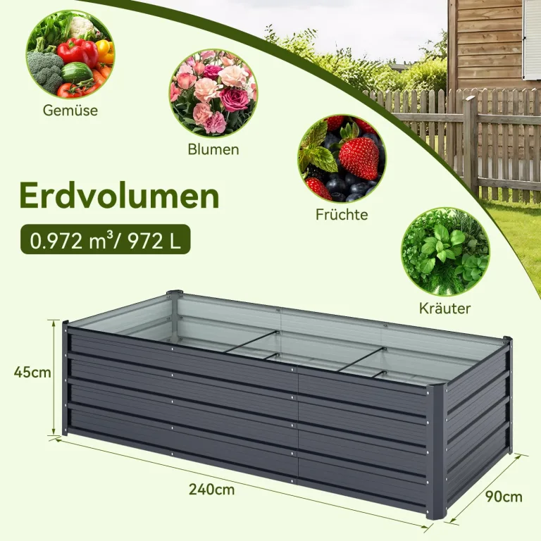 Ohuhu Hochbeet Metall Pflanzenbeet 240x90x45 cm, Hochbeete für Garten aus robustem Stahlblech mit stabilem Design, Rostschutz und Langer Haltbarkeit – Ideal für Gemüse, Kräuter & Blumen Anthrazit – Bild 4