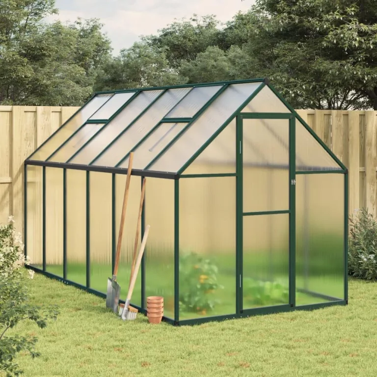 IKAYAA Gewächshaus Aluminium mit Fundament Gartenhaus Winterfest Gewächshaus Glas Glashaus Garten Tomatenhaus Frühbeet und Pflanzenhaus 334 x 169 x 195 cm Grün und transparent – Bild 1