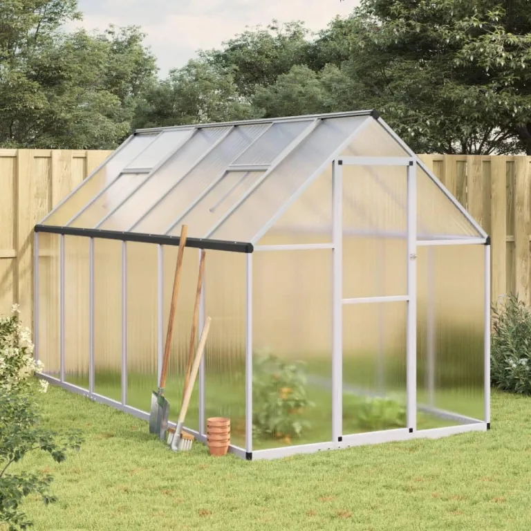 IKAYAA Gewächshaus Aluminium mit Fundament Gartenhaus Winterfest Gewächshaus Glas Glashaus Garten Tomatenhaus Frühbeet und Pflanzenhaus 334 x 169 x 195 cm Silbern und transparent – Bild 1