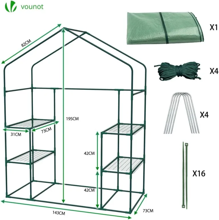VOUNOT® Gewächshaus Foliengewächshaus, begehbares Gartenhäuschen mit 4 Regalebenen, Tomatenhaus Tomatengewächshaus, Grün 143x73x195cm – Bild 7