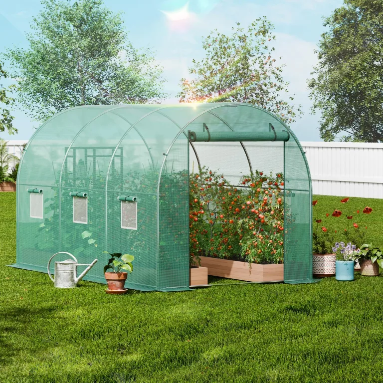 VEVOR Foliengewächshaus, 345 x 195 x 192 cm, Tomatengewächshaus, Treibhaus mit verzinktem Stahlrahmen, grüner PE-Abdeckung, aufrollbarer Reißverschlusstür und 6 Fenstern für den Außenbereich – Bild 8