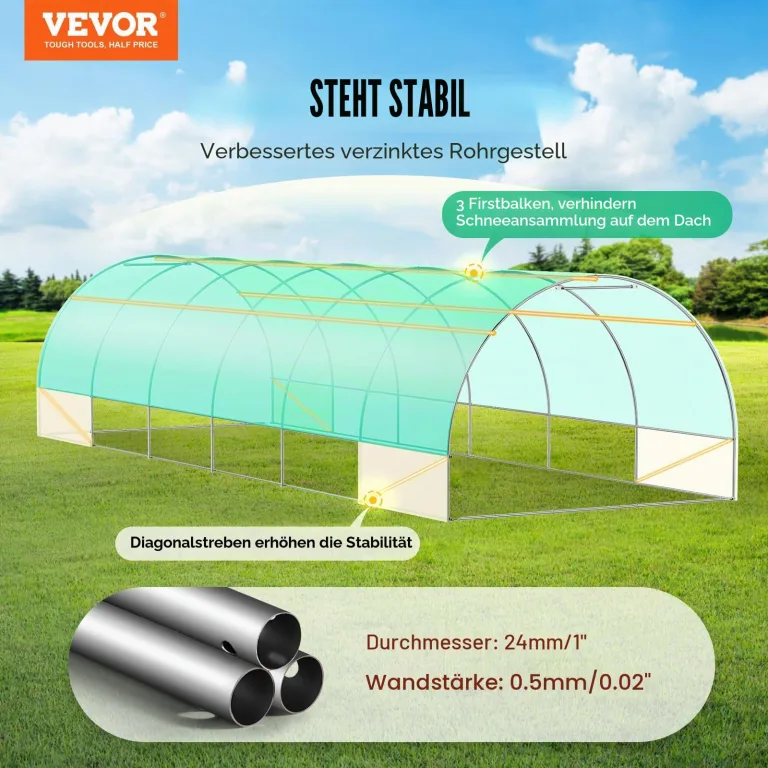 VEVOR Folien-Gewächshaus, 890 x 295 x 198 cm, Tomatengewächshaus, Treibhaus mit verzinktem Stahlrahmen, grüner PE-Abdeckung, aufrollbarer Reißverschlusstür und 12 Fenstern für den Außenbereich – Bild 2
