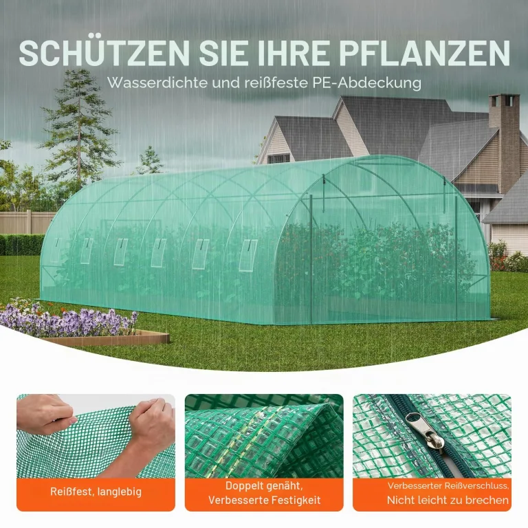 VEVOR Folien-Gewächshaus, 890 x 295 x 198 cm, Tomatengewächshaus, Treibhaus mit verzinktem Stahlrahmen, grüner PE-Abdeckung, aufrollbarer Reißverschlusstür und 12 Fenstern für den Außenbereich – Bild 3