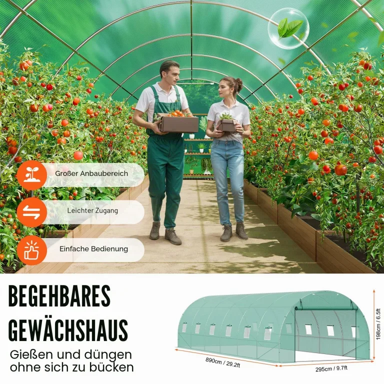 VEVOR Folien-Gewächshaus, 890 x 295 x 198 cm, Tomatengewächshaus, Treibhaus mit verzinktem Stahlrahmen, grüner PE-Abdeckung, aufrollbarer Reißverschlusstür und 12 Fenstern für den Außenbereich – Bild 5