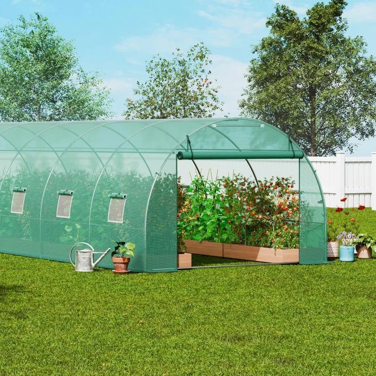 VEVOR Folien-Gewächshaus, 890 x 295 x 198 cm, Tomatengewächshaus, Treibhaus mit verzinktem Stahlrahmen, grüner PE-Abdeckung, aufrollbarer Reißverschlusstür und 12 Fenstern für den Außenbereich – Bild 8