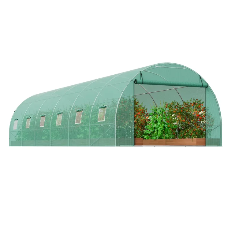 VEVOR Folien-Gewächshaus, 890 x 295 x 198 cm, Tomatengewächshaus, Treibhaus mit verzinktem Stahlrahmen, grüner PE-Abdeckung, aufrollbarer Reißverschlusstür und 12 Fenstern für den Außenbereich – Bild 9