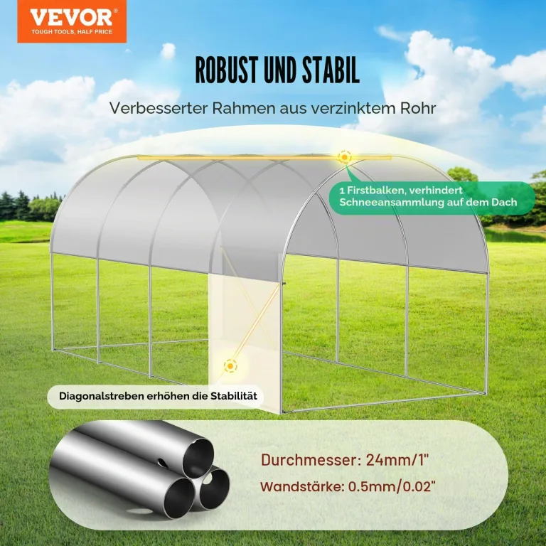 VEVOR Foliengewächshaus, 445 x 194 x 192 cm, Tomatengewächshaus, Treibhaus mit verzinktem Stahlrahmen, weißer PE-Abdeckung, aufrollbarer Reißverschlusstür und 8 Fenstern für den Außenbereich – Bild 2
